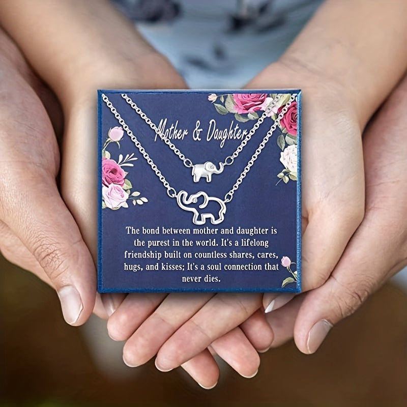 2pcs Silver Elephant Pendant Necklace, Gift For Mom And Daughter