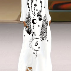 Feather Print V Neck Long Dress for Women