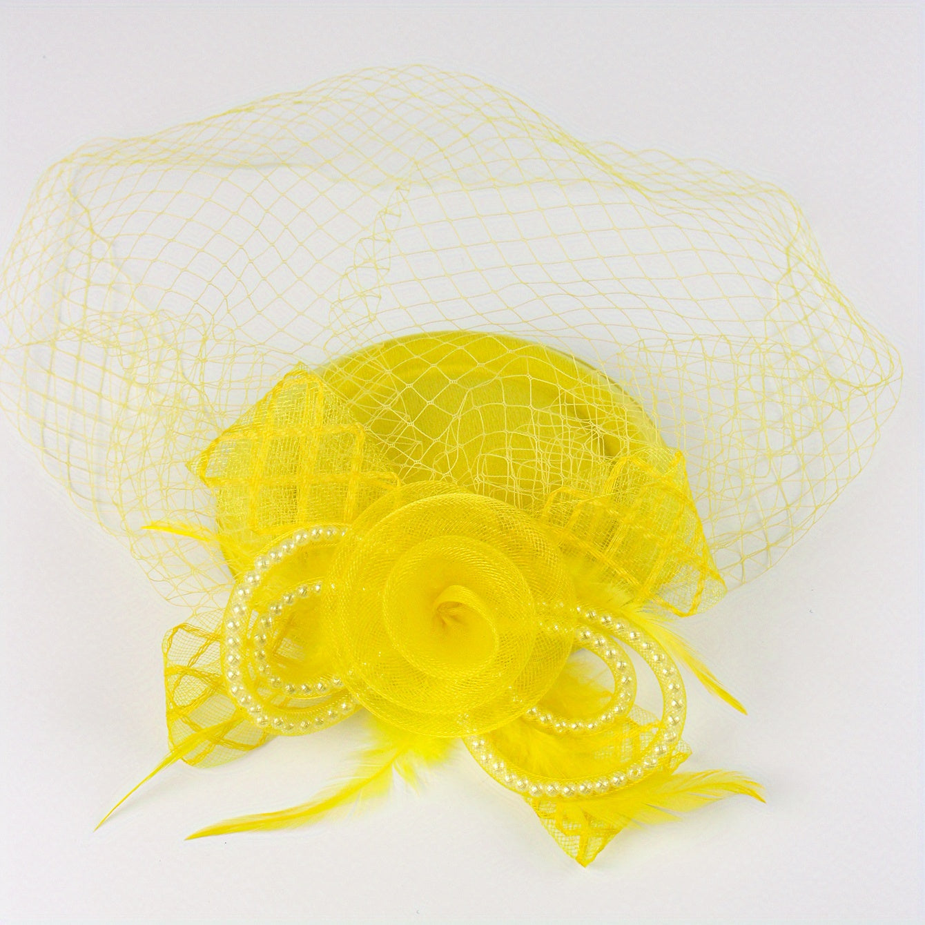 Yellow Mesh Flower Fascinator Hat Feathers Veil Mesh Faux Pearl Small Beret