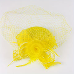 Yellow Mesh Flower Fascinator Hat Feathers Veil Mesh Faux Pearl Small Beret