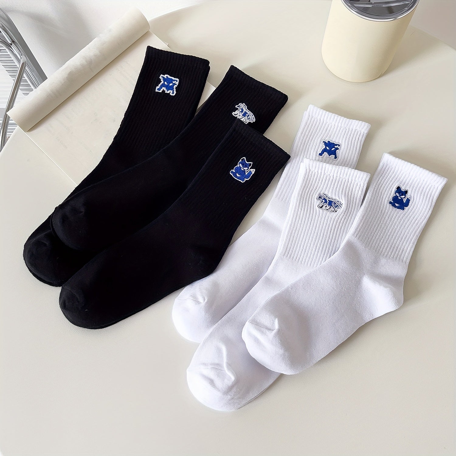 6 Pairs Fox Embroidery Socks - Comfy & Breathable Mid Tube Women's Stockings