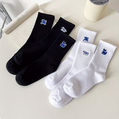 6 Pairs Fox Embroidery Socks - Comfy & Breathable Mid Tube Women's Stockings
