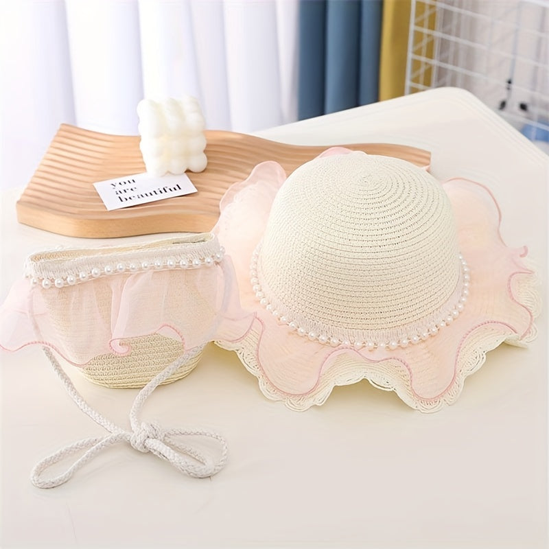 Summer Pearl Lace Straw Hat Bag Set Princess Girl Travel Sun Hat