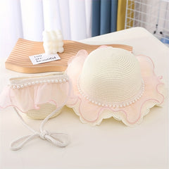 Summer Pearl Lace Straw Hat Bag Set Princess Girl Travel Sun Hat