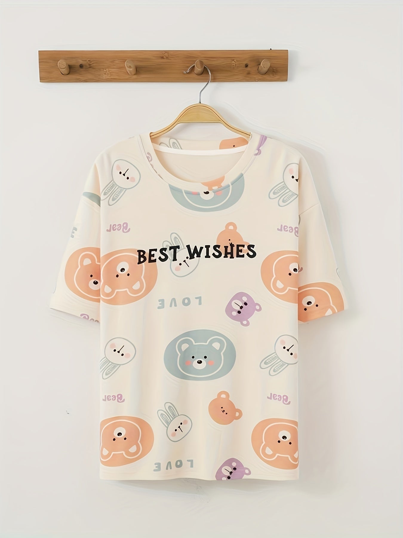 Bear Print Pajama Set Short Sleeve Crew Neck Top and Shorts PJ Set