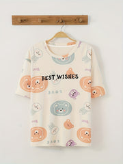 Bear Print Pajama Set Short Sleeve Crew Neck Top and Shorts PJ Set