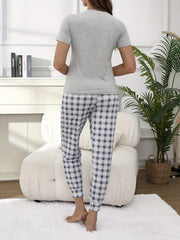 Letter Print Lounge Set Top & Plaid Pants Women's Loungewear