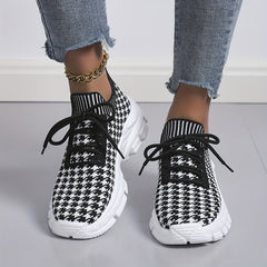 Women's Houndstooth Pattern Lace Athletic Sneakers Non slip Running Shoes