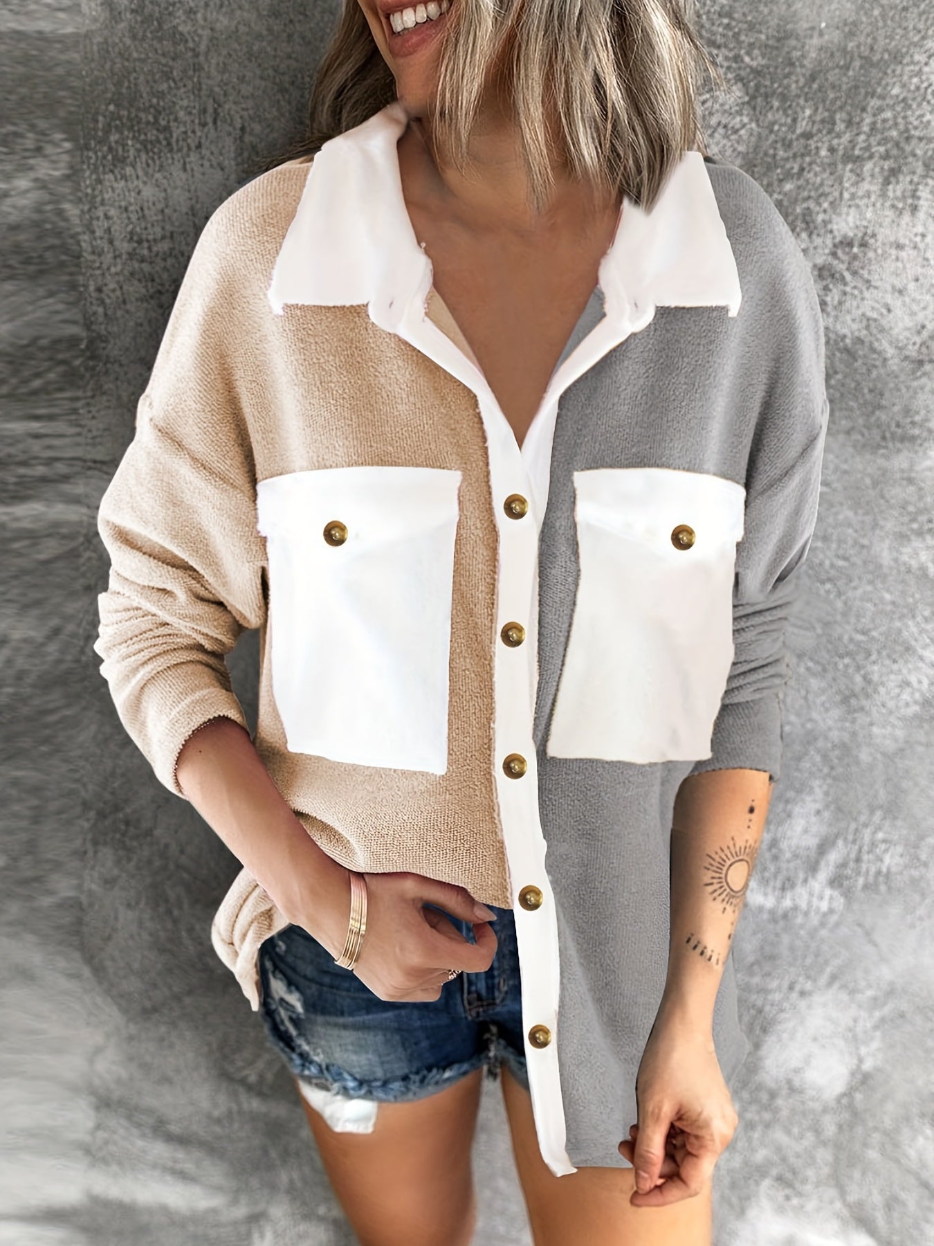 Long Sleeve Block Jacket Button Up Casual Outerwear Women's Clothing
