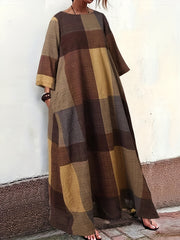 Colorblock Grid Print Long Sleeve Maxi Dress