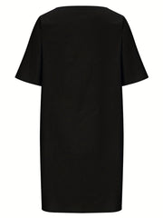 Solid Short Sleeve Round Neck Pleated Dress With Pockets
