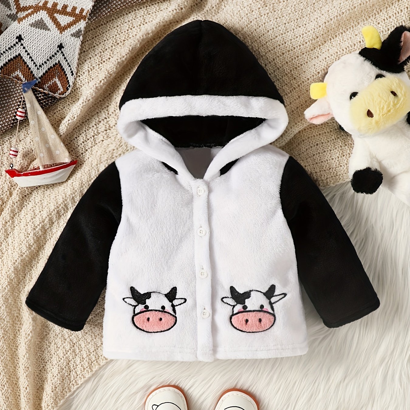 Toddler Bay Girls Hooded Plush Cow Embroidered Button Coat