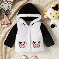 Toddler Bay Girls Hooded Plush Cow Embroidered Button Coat