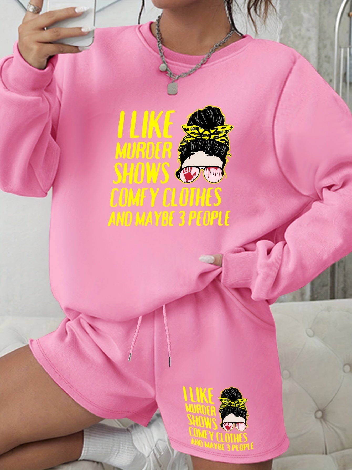 2 Piece Set Women's Slogan & Cartoon Print Sweatshirt & Shorts