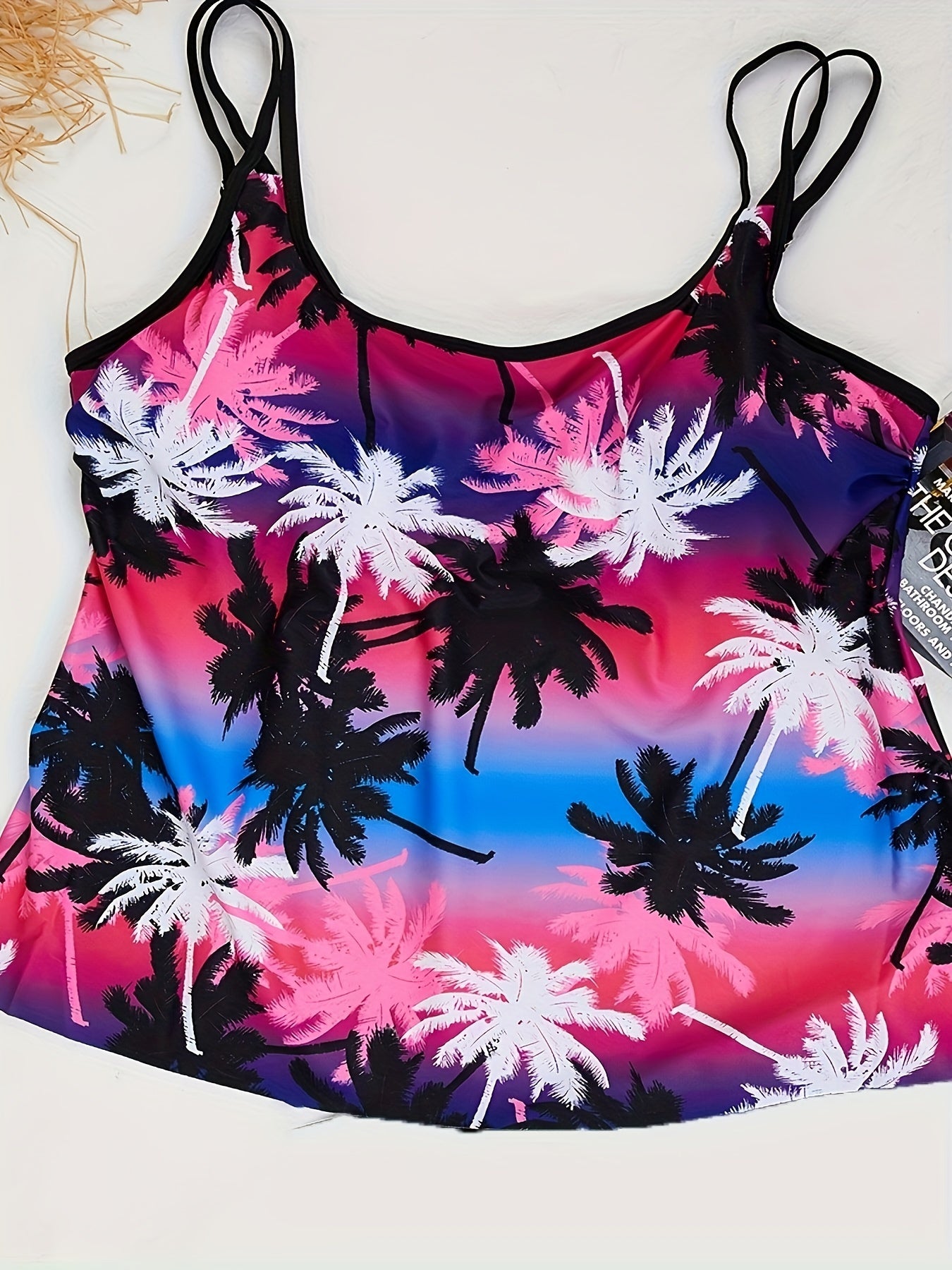Coconut Tree Print Tank Top & Solid Shorts Swimsuit Set