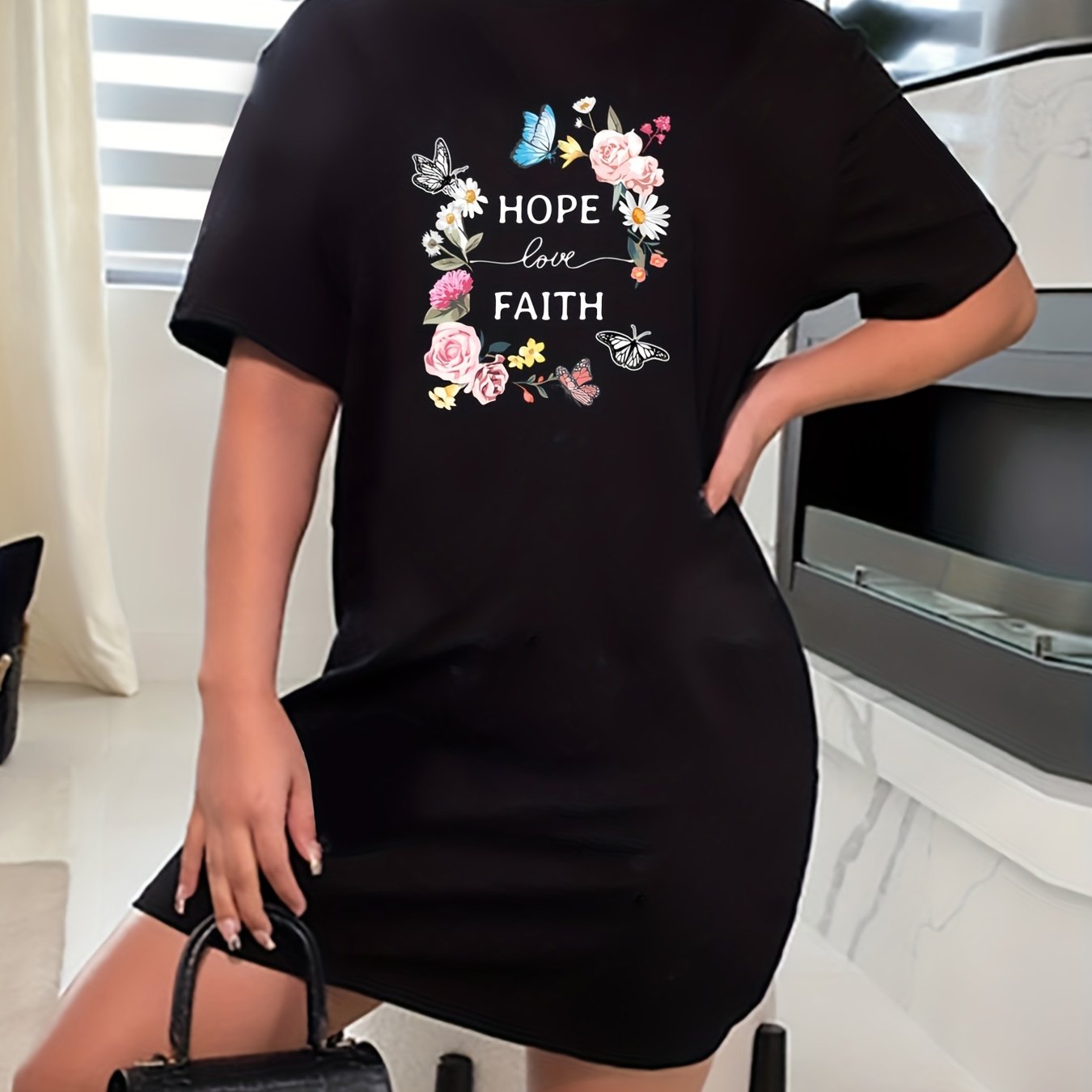 Casual Dress Women's Plus Floral Butterfly Print Short Sleeve Dress