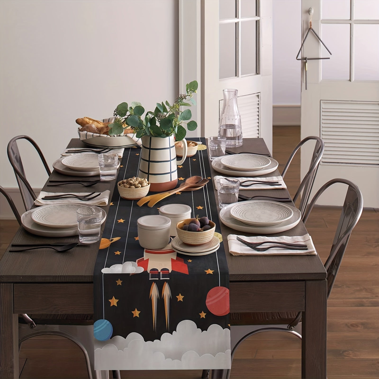 Space Rocket Planet Cotton Linen Table Runner 13x72 Inch