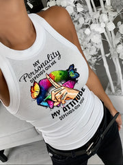 Lips & Letter Print Tank Top Sleeveless Summer Top