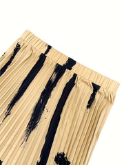 Brush Print Elastic Waist Pleated Maxi Skirt