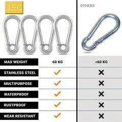 4pcs Heavy Duty 304 Stainless Steel Carabiner Clips 6.05cm 60kg Load Capacity