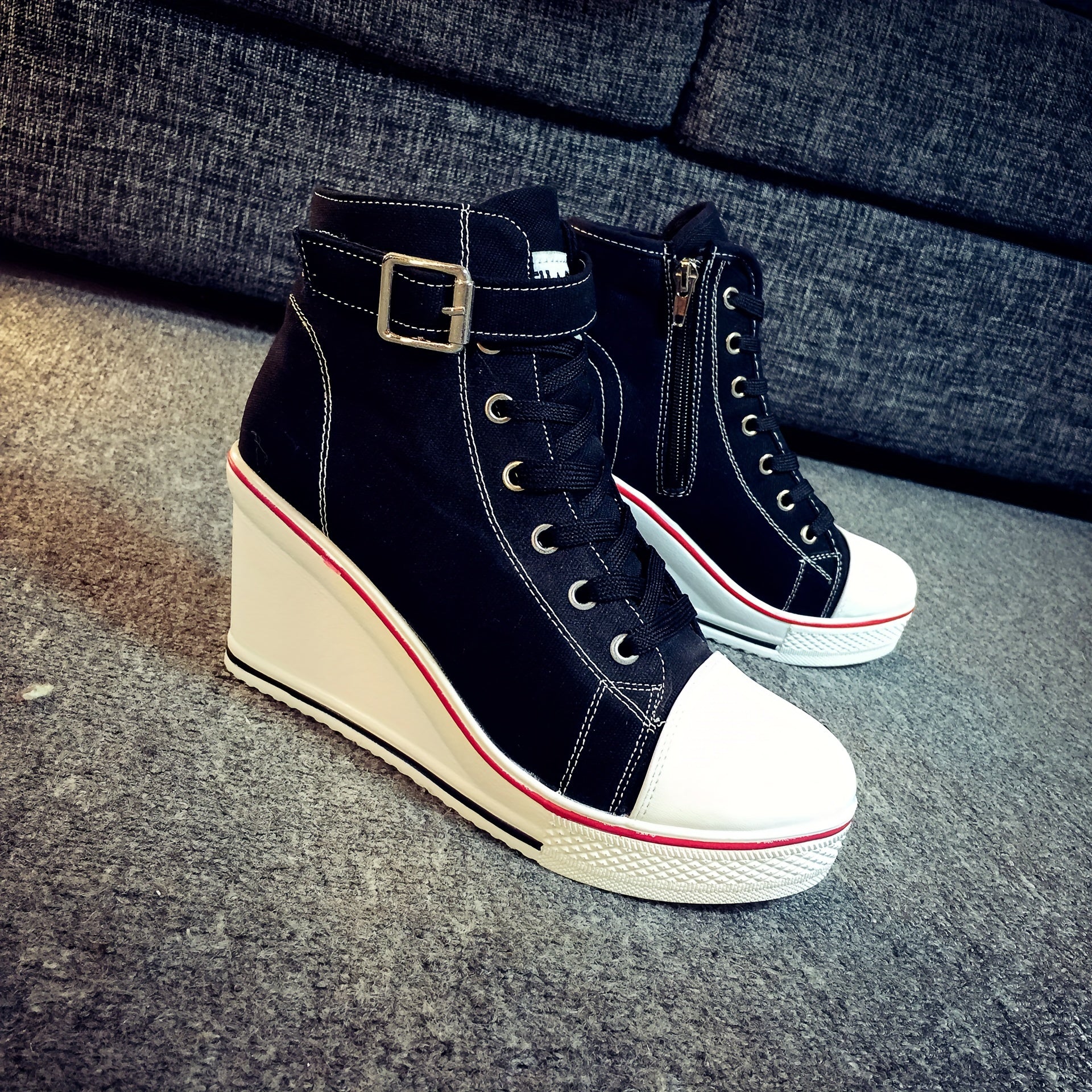 Women's Platform Canvas Sneakers High Round Toe Zipper Casual Shoes