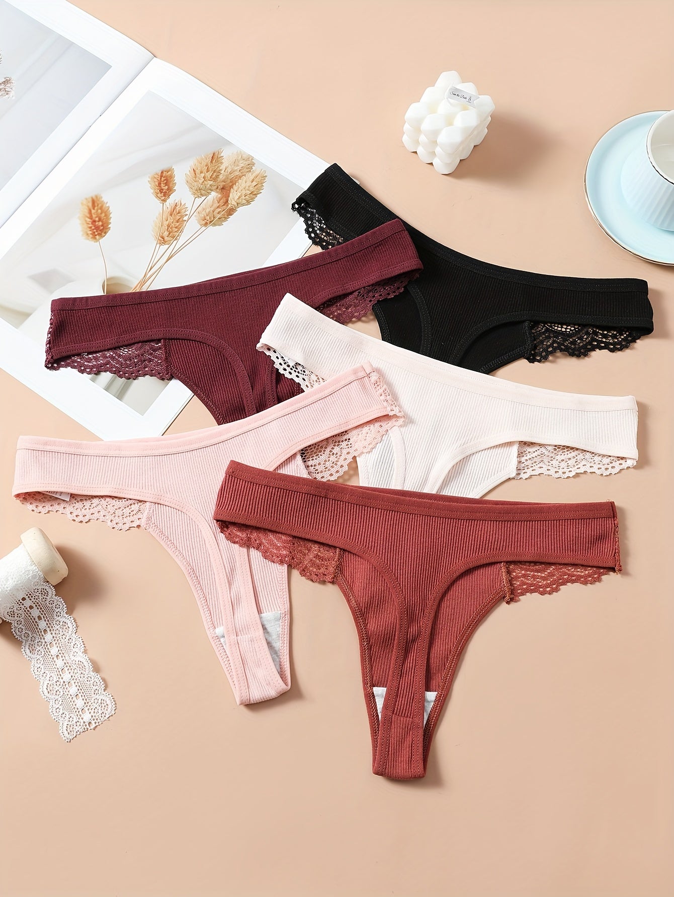 5 Pcs Lace Thongs Soft & Comfy Intimates Panties Women's Lingerie
