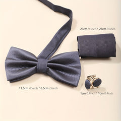 Men's Solid Bow Tie Set Pocket Square Cufflinks Formal Business Wedding