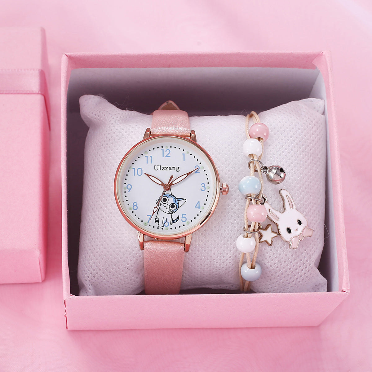 2pcs Girls Watch & Rabbit Pendant Bracelet Set Children's Gift