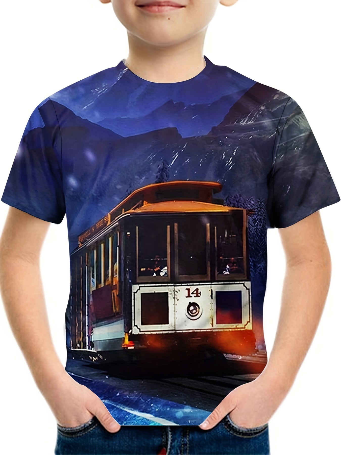 Boy's Vintage Train Graphic T shirt Casual Slightly Stretch Breathable Tee