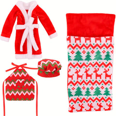 4pcs Christmas Elf Accessories Set: Apron, Sleeping Bag, Bathrobe, Hat