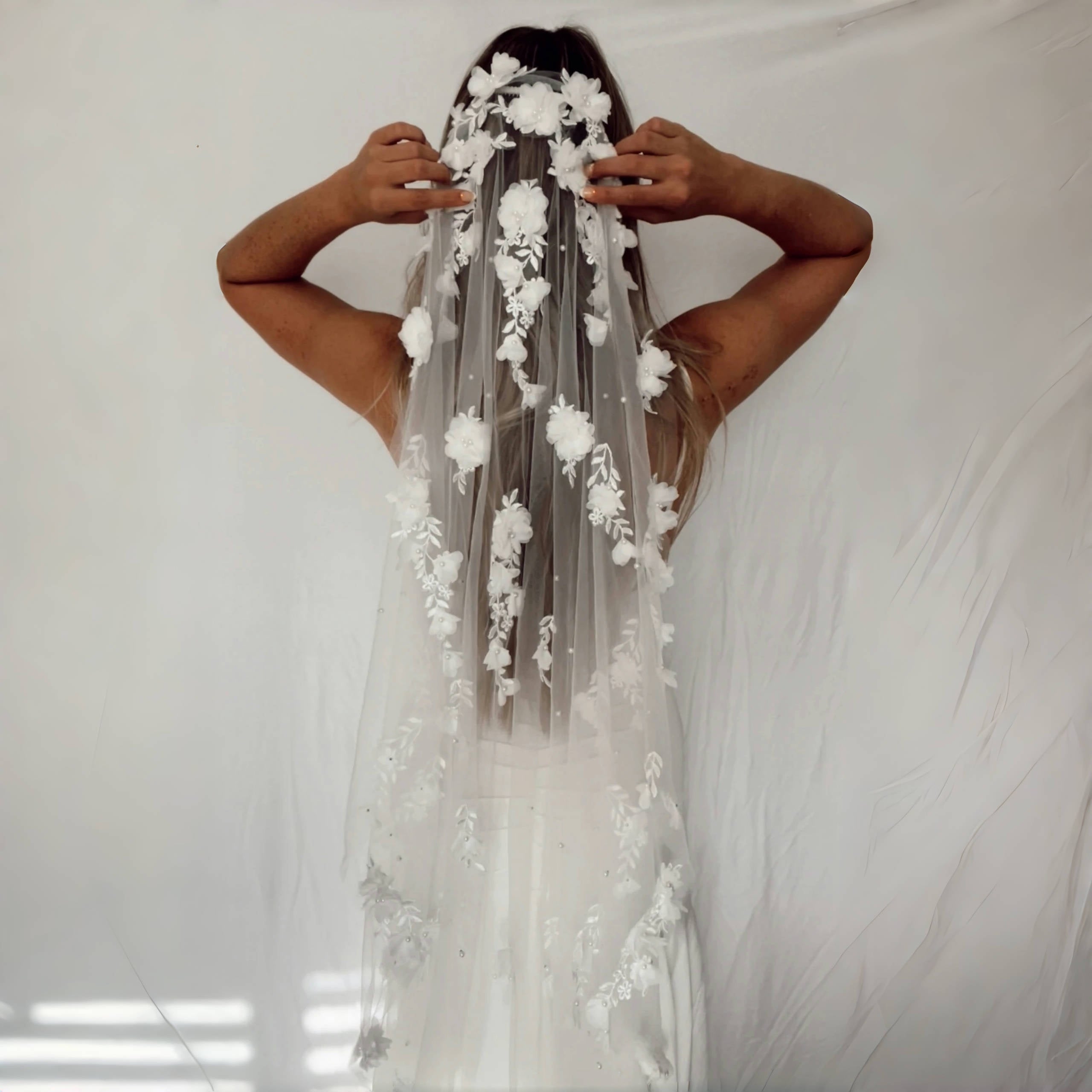 Handcrafted Flower Bridal Veil with Faux Pearls Lightweight