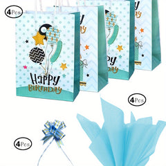 4pcs Happy Birthday Gift Bag Pink Series with Paper Wrappers & Ribbon Ties