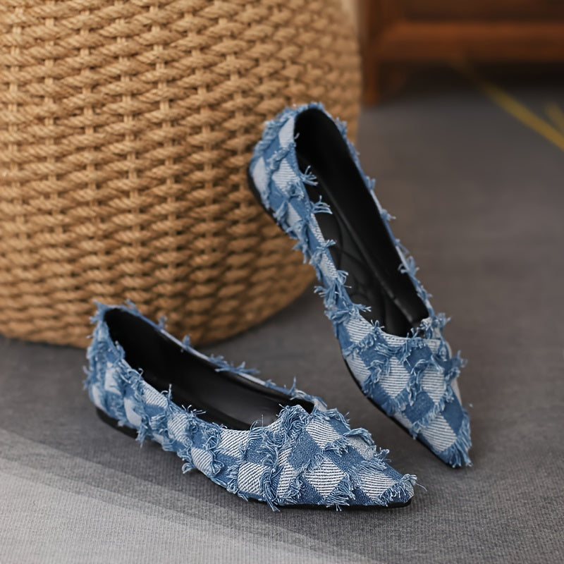 Women's Plaid Flat Shoes Lightweight Denim Comfortable Walking Shoes