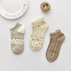 3 Pairs Floral & Bear Print Socks & Ankle Socks Women's Stoc