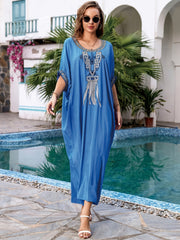 Boho Kaftan Dress Women's Plus Embroidered Batwing Sleeve