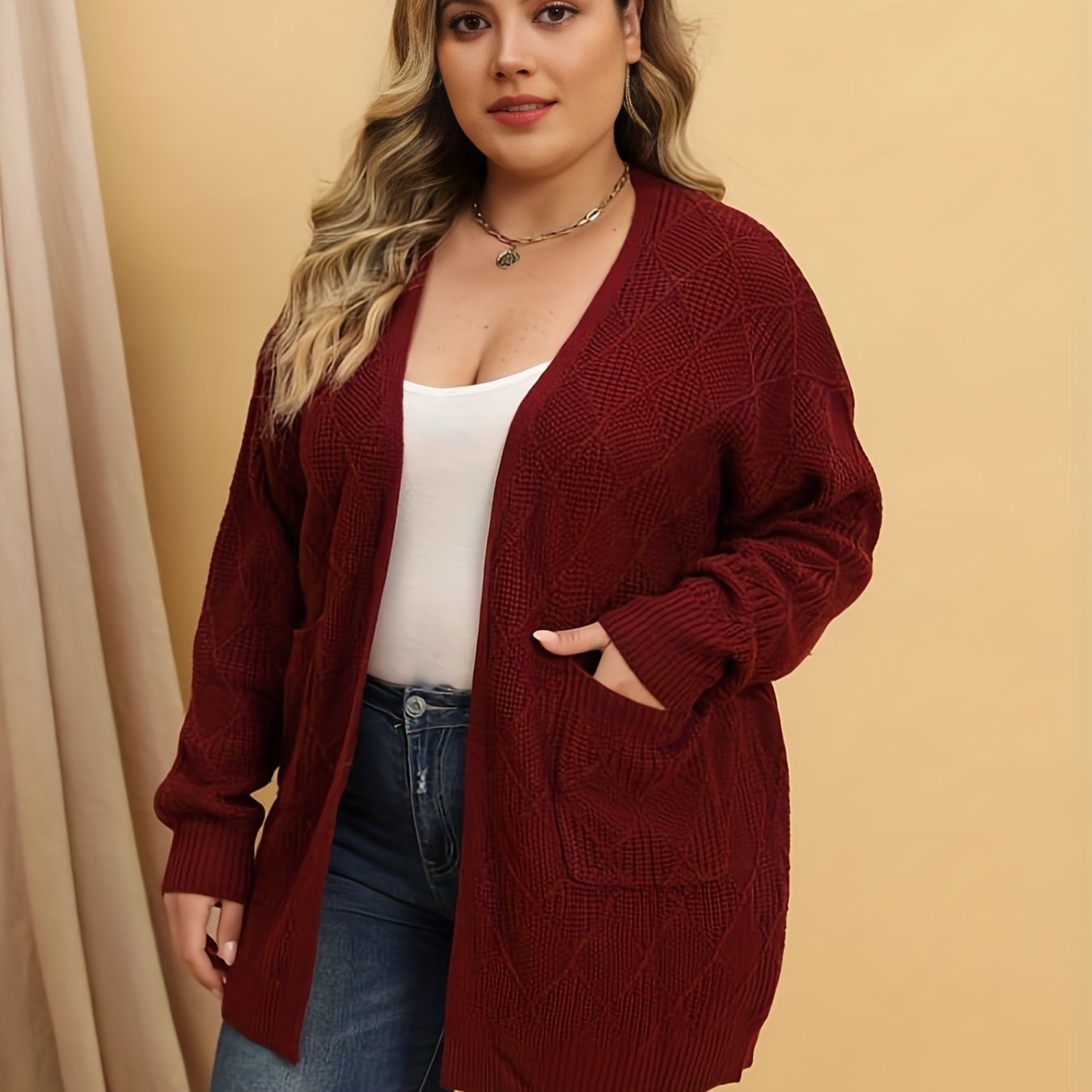 Women's Solid Argyle Long Sleeve Cardigan With Pockets