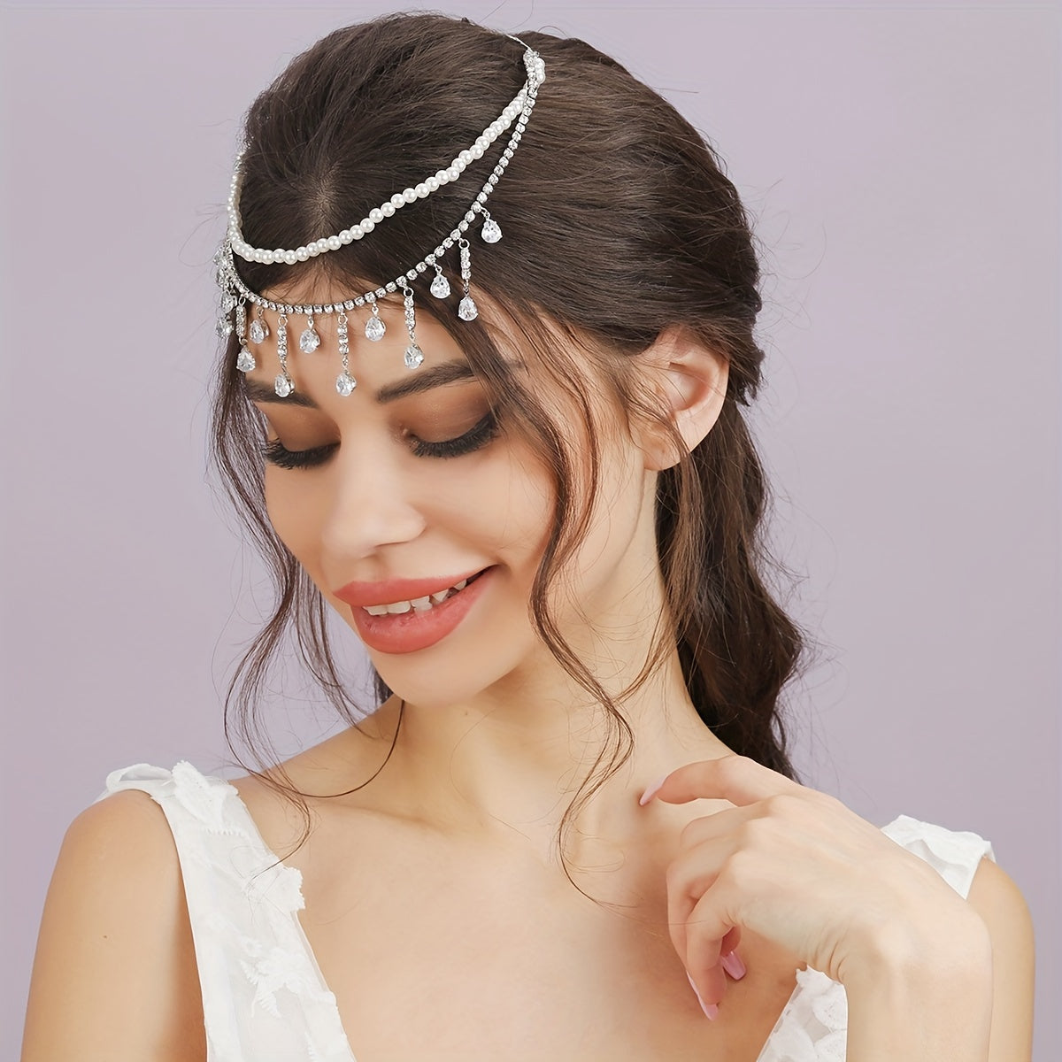 Bridal Zircon Faux Pearl Headband Rhinestone Pendant Tassel Hair Accessory