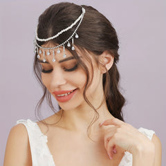 Bridal Zircon Faux Pearl Headband Rhinestone Pendant Tassel Hair Accessory