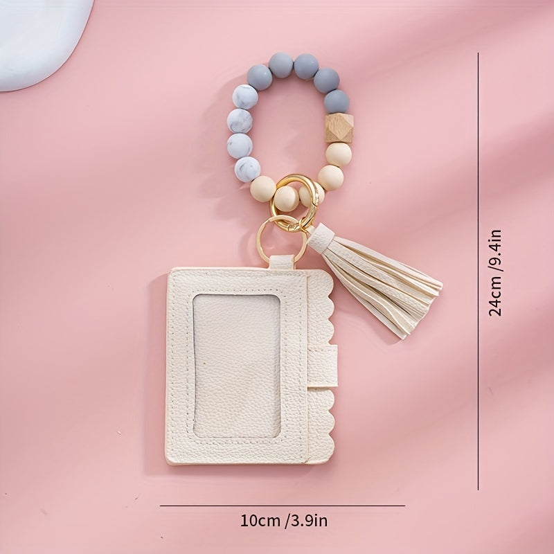 Men's Silicone Bead Bracelet Card Holder with Tassel Keychain