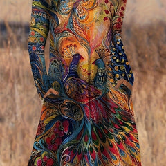 Peacock Print Long Sleeve Plus Size Casual Dress