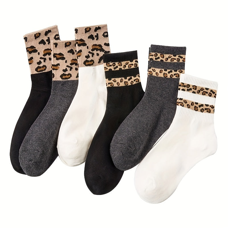 6 Pairs Leopard Stitching Socks Comfy Breathable Mid Tube Women's Stockings