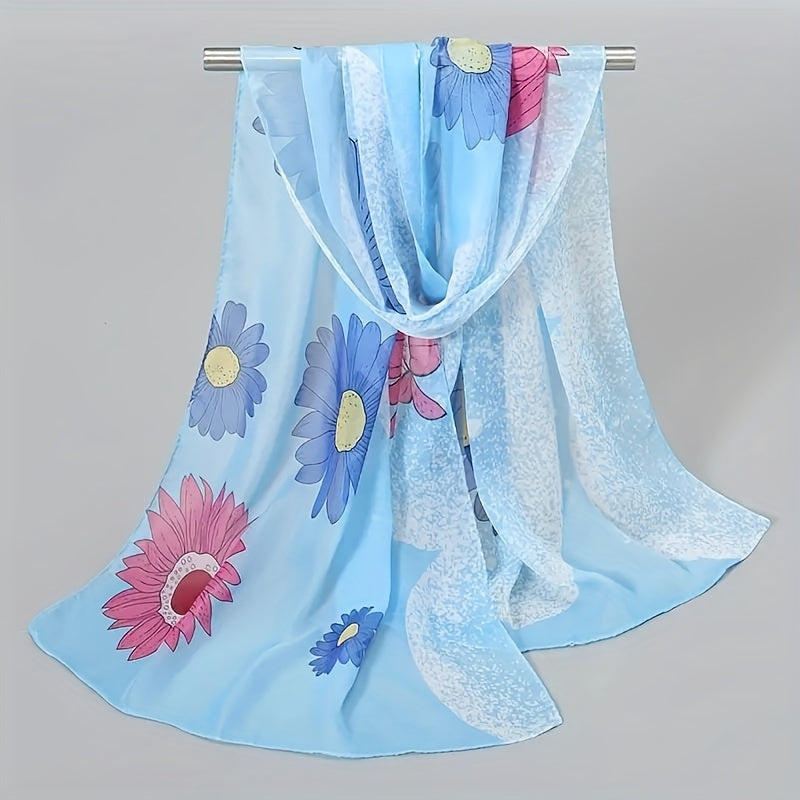 Large Flower Print Chiffon Scarf Boho Dotted Thin Shawl