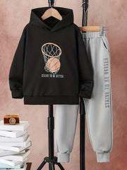 Boy's 2pcs Basketball Print Hoodie & Pants Set