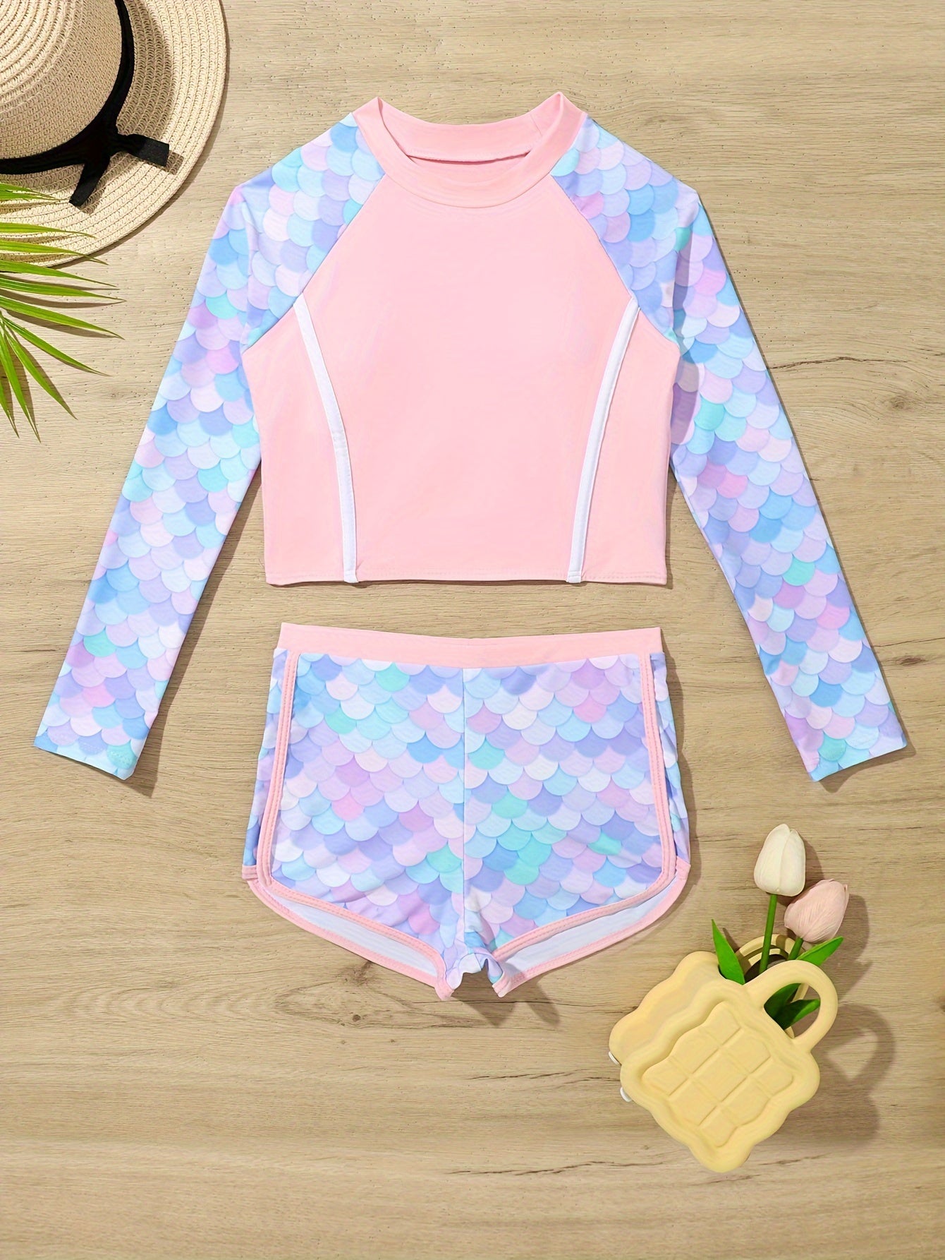 Quick Drying Fish Scale Print 2pc Swimsuits Girls Long Sleeve Top