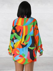 Colorblock Button Up Tunic Blouse & Shorts Set