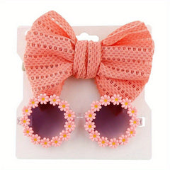 2pcs Bowknot Hair Rope & Flower Round Sunglasses for Sun Protection