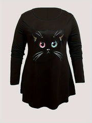 Women's Plus Cat Print Long Sleeve Top & Leggings Outfits Set