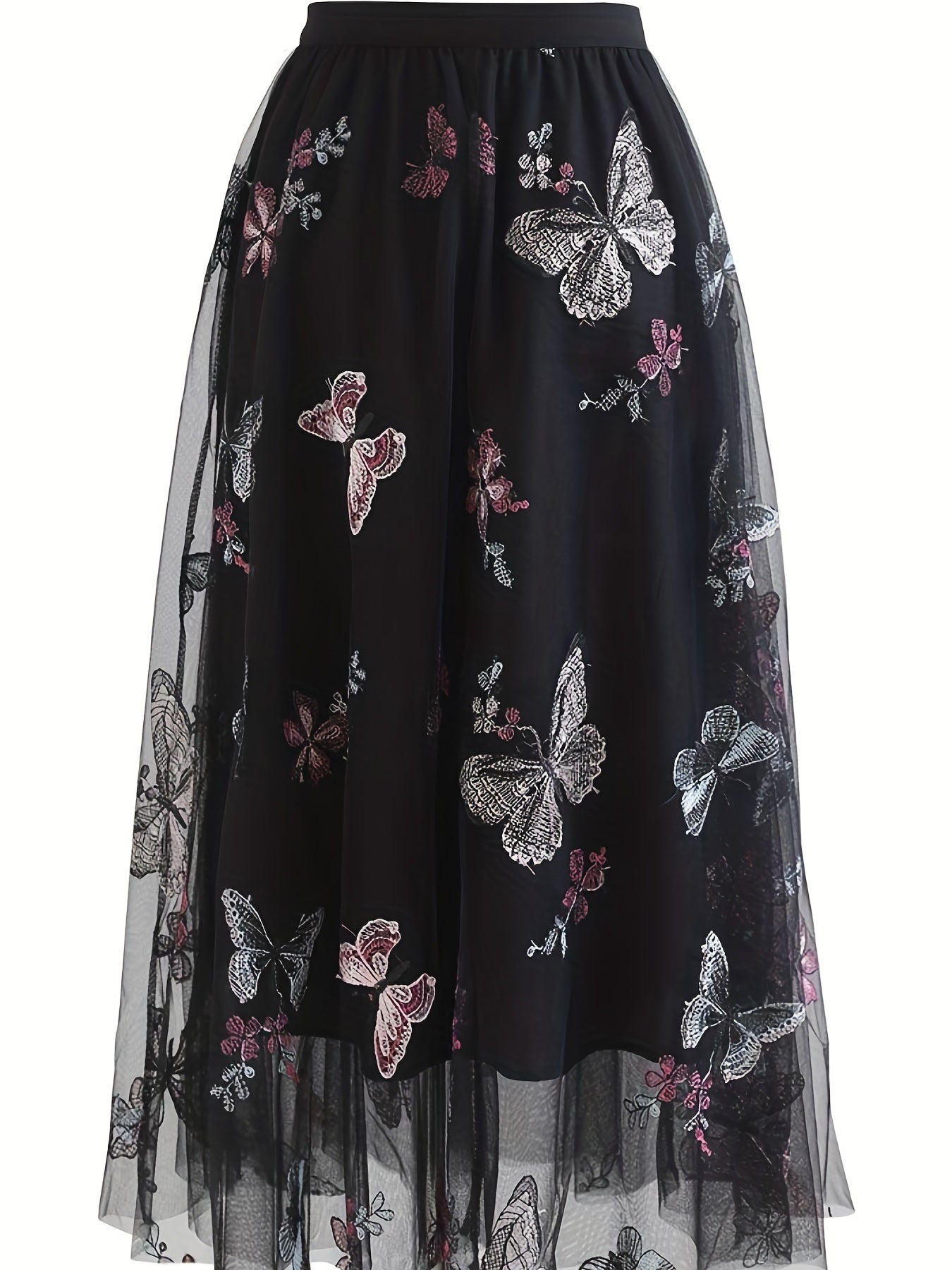 Butterfly Embroidered Midi Dress Elastic Waist Vacation Casual Dress