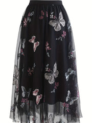 Butterfly Embroidered Midi Dress Elastic Waist Vacation Casual Dress