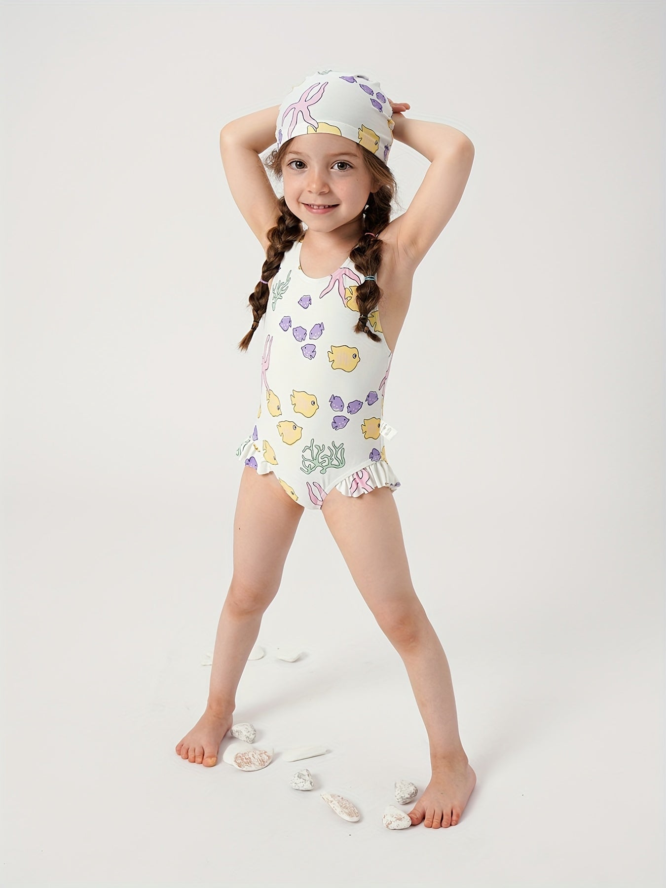 Toddler Girls Fish Pattern Swimsuit & Swim Hat Set